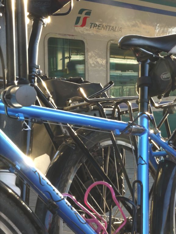 Blue and Black Rodriguez travel bikes on the train in Europe