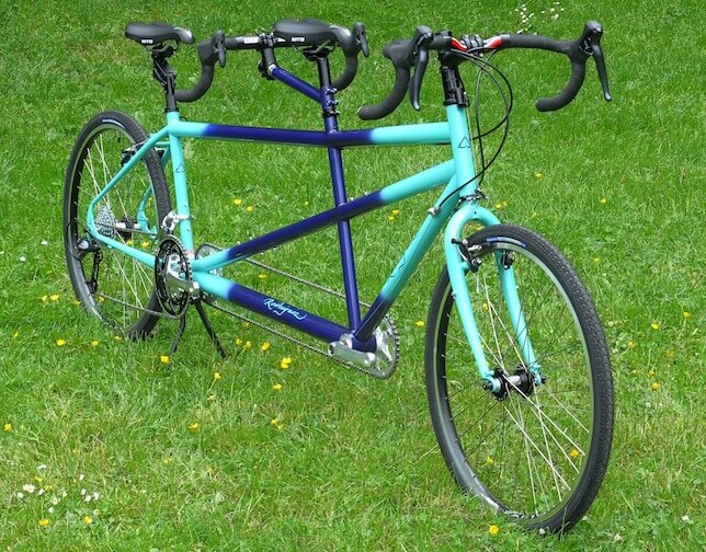 Blue and green fade custom Rodriguez bicycle built for 2