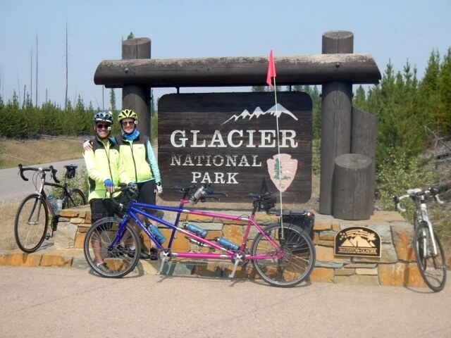 Blue and pink Rodriguez travel tandem at Glacier National Park