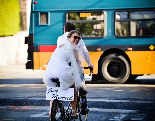 Just Married and riding a Rodriguez Tandem bicycle